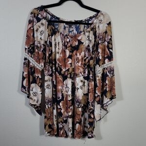 Y2K Corvia Dark Floral Blouse XL Crochet Fairy Bell Sleeves Flowy 90s Whimsigoth